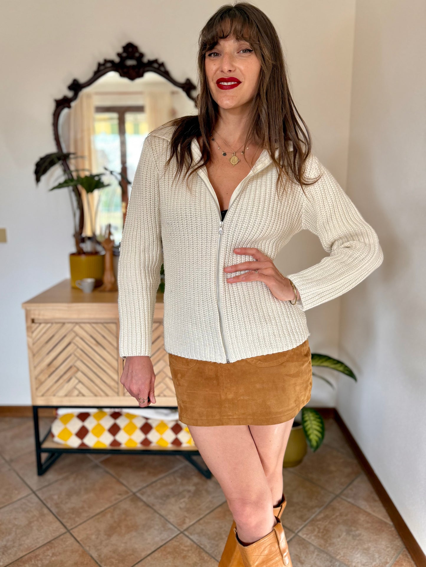 1990's vintage knit wool cream zip up cardigan with collar