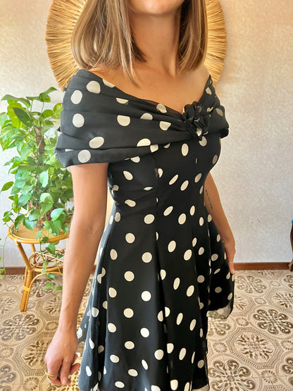 1980's vintage off the shoulder black and white polka dot mini dress