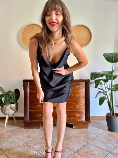 1990's vintage black satin cowl neck midi dress