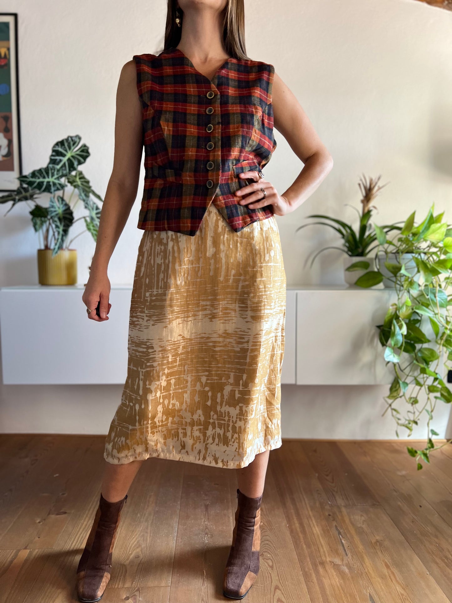 1970’s vintage abstract gold and champagne iridescent midi skirt