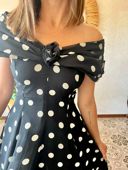 1980's vintage off the shoulder black and white polka dot mini dress