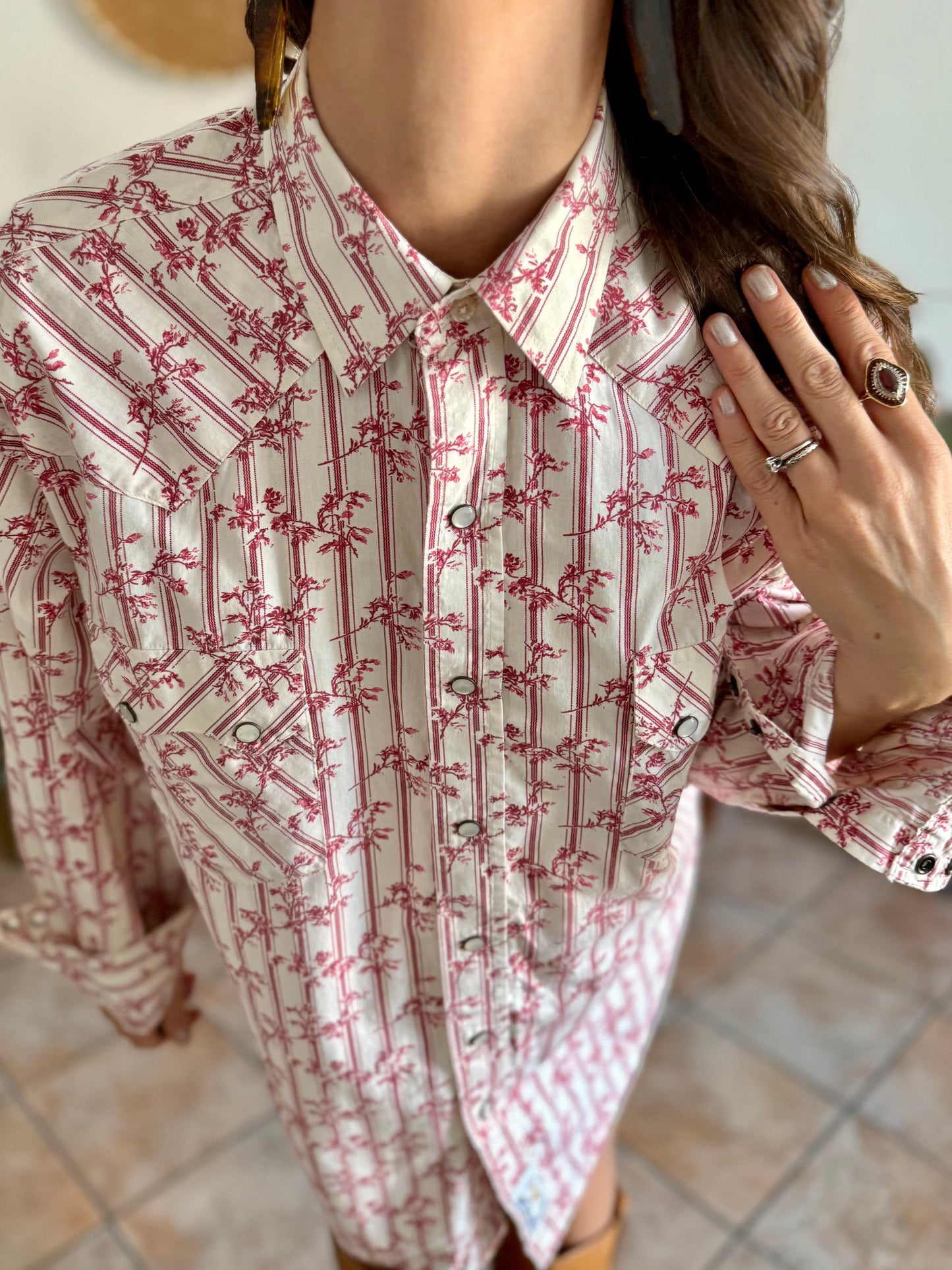1990's vintage cream floral western pearl snap shirt with burgundy and pink floral print