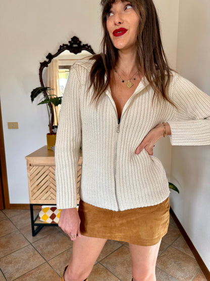 1990's vintage knit wool cream zip up cardigan with collar