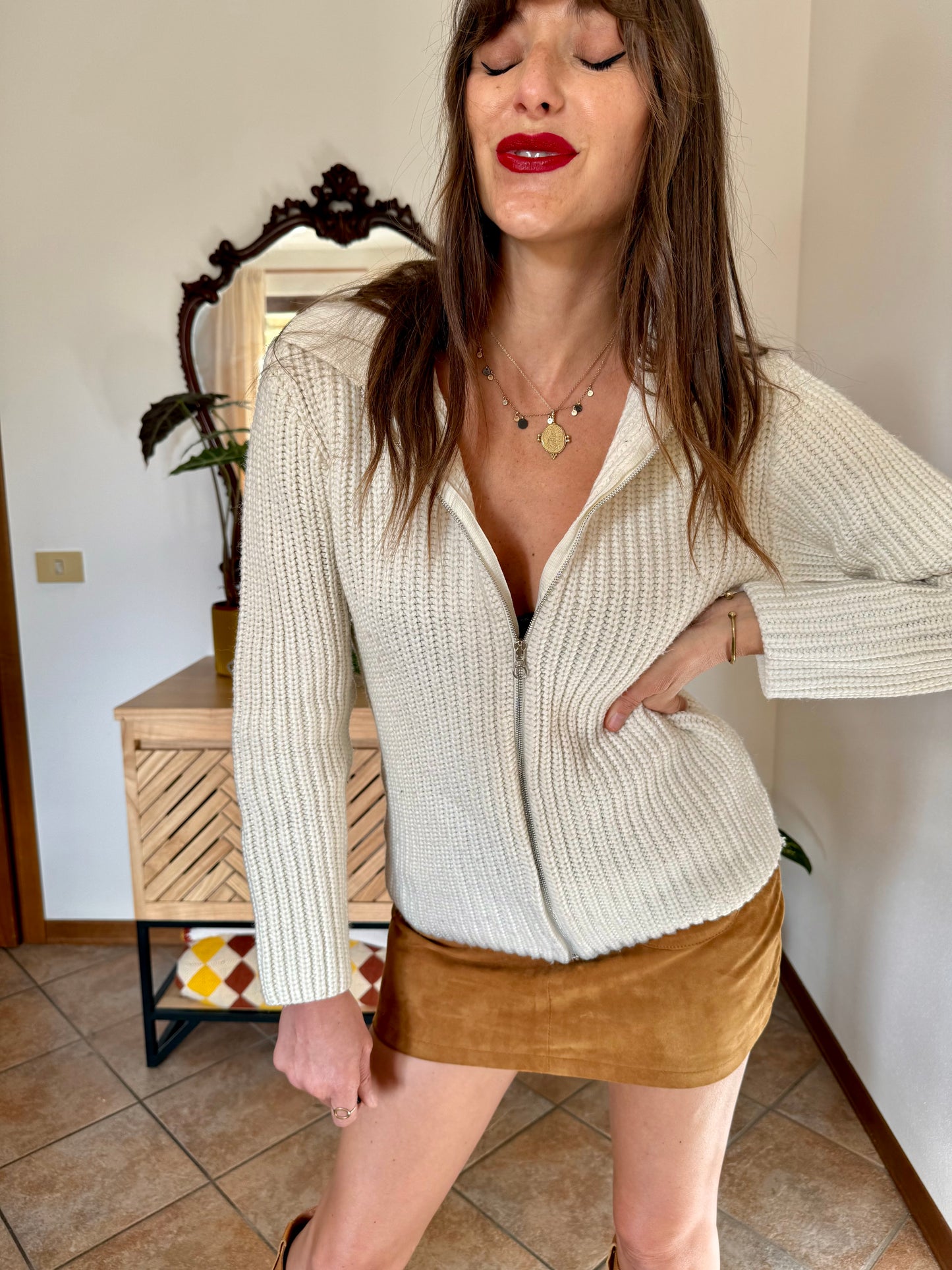 1990's vintage knit wool cream zip up cardigan with collar