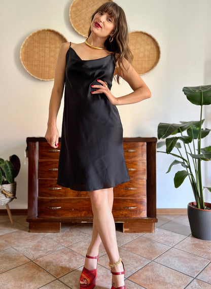 1990's vintage black satin cowl neck midi dress