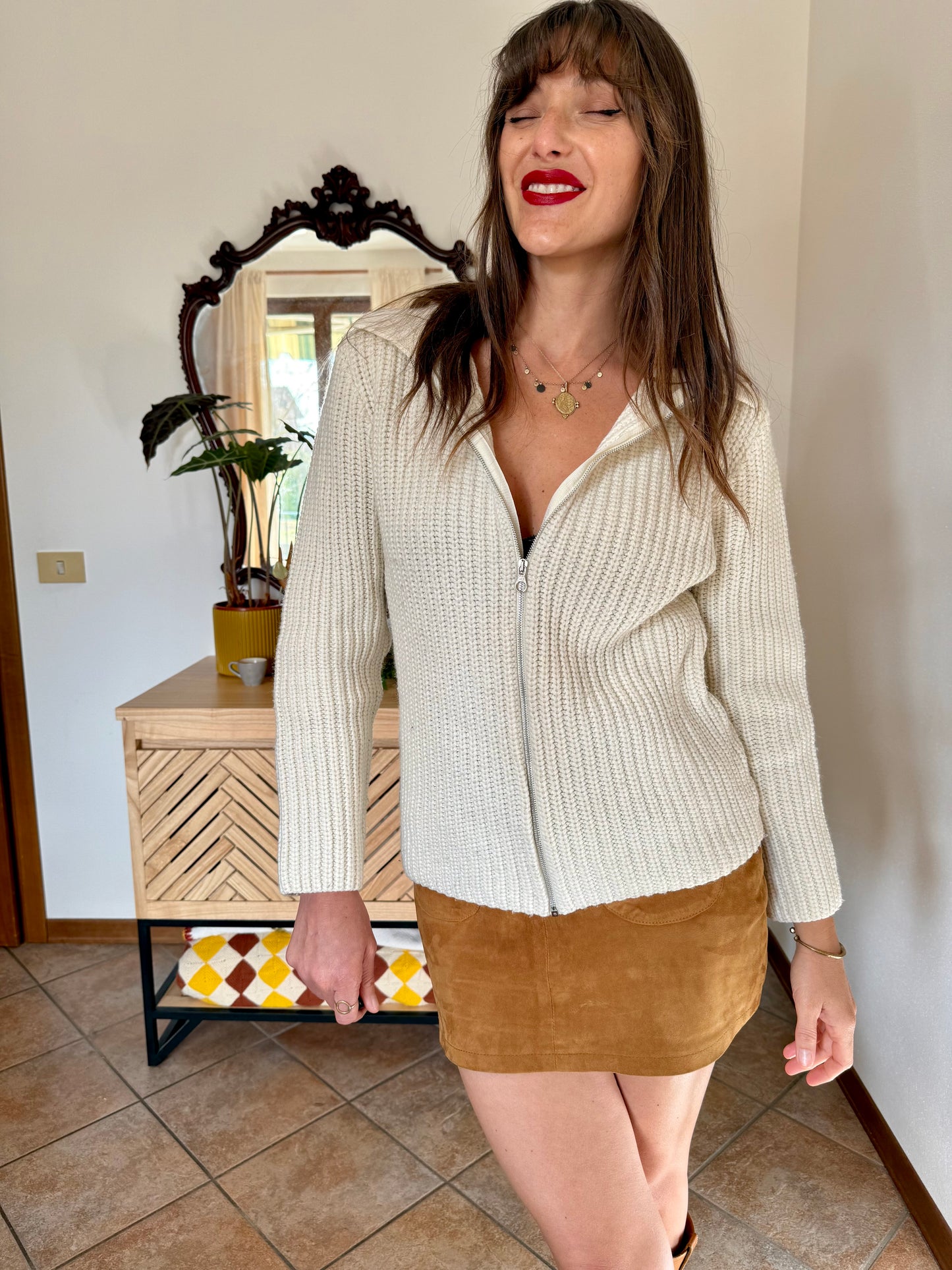 1990's vintage knit wool cream zip up cardigan with collar