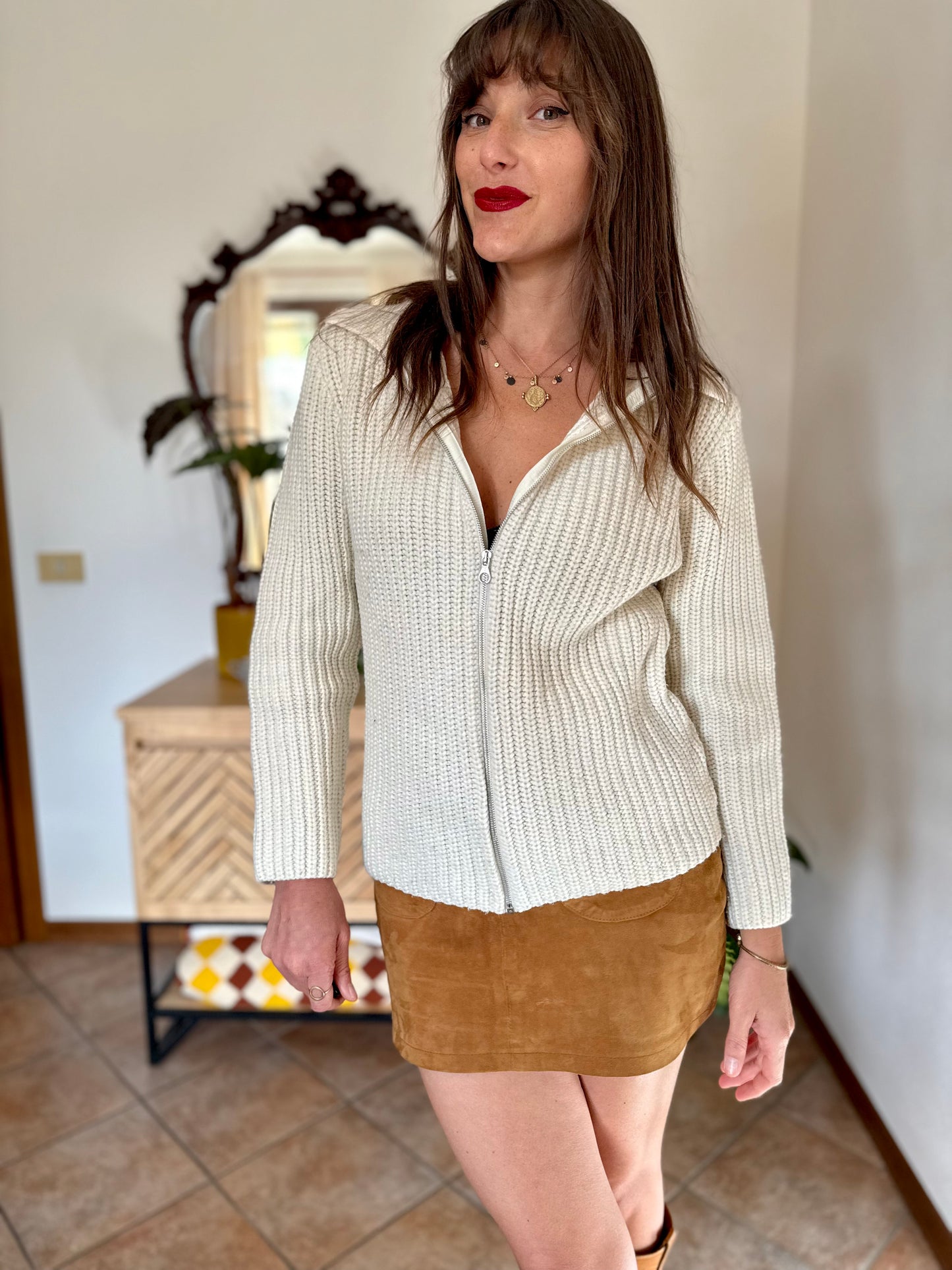 1990's vintage knit wool cream zip up cardigan with collar