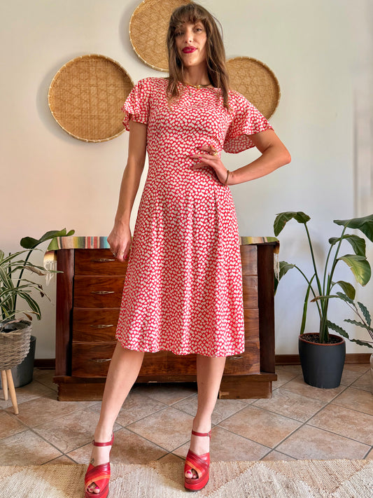 1990's vintage coral and cream floral midi dress with lace up detailing