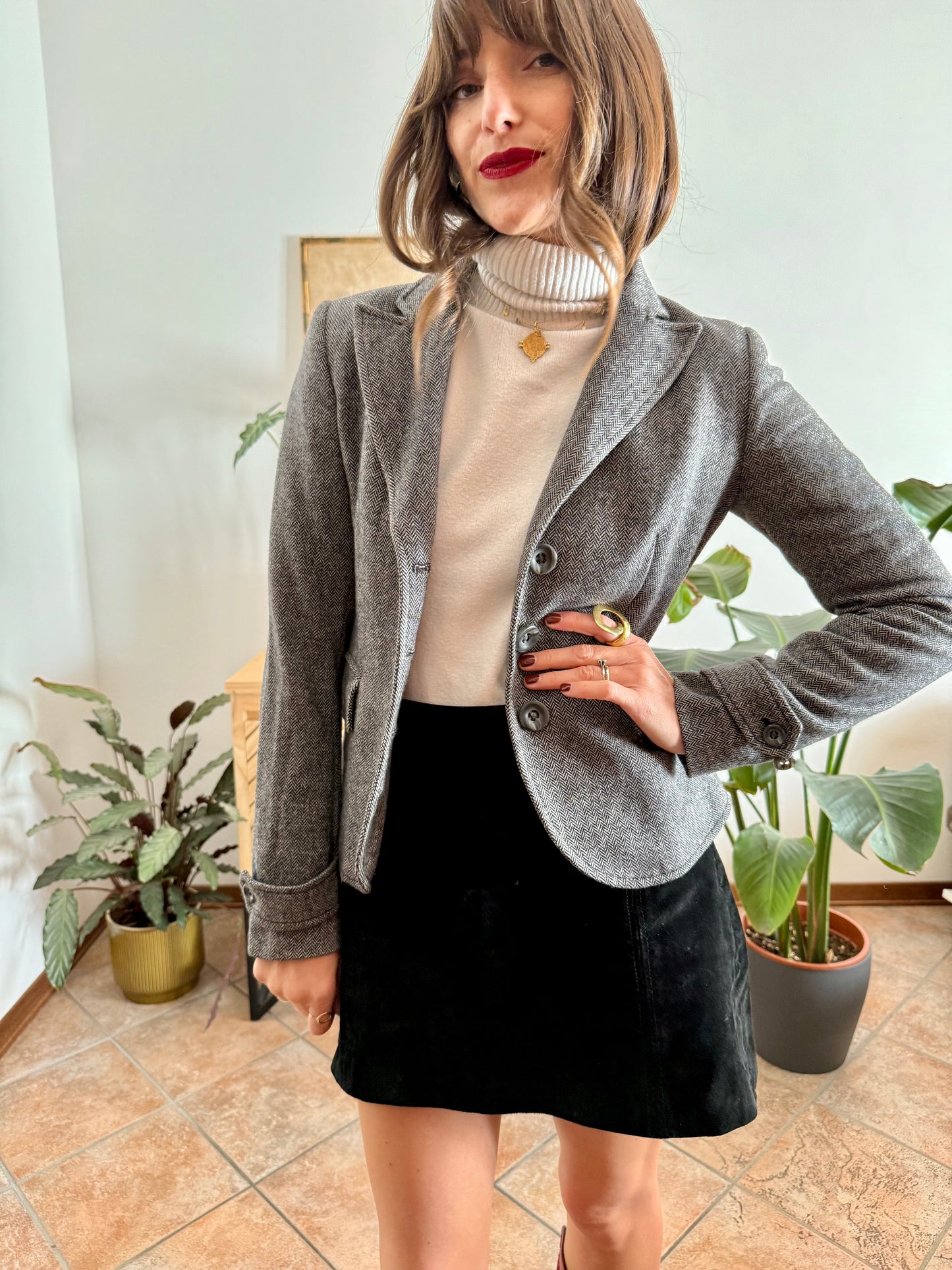 Y2k vintage wool blend black and grey tweed fitted blazer