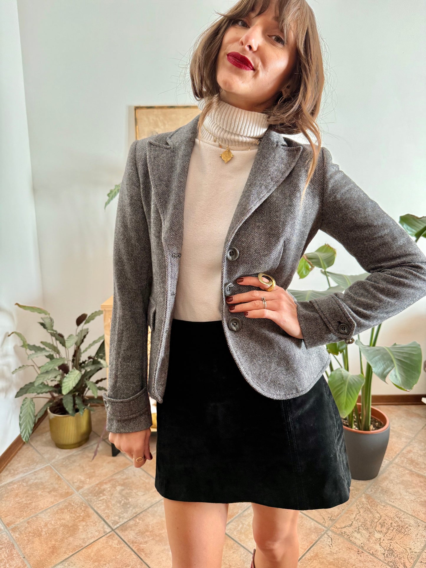 Y2k vintage wool blend black and grey tweed fitted blazer