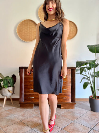 1990's vintage black satin cowl neck midi dress