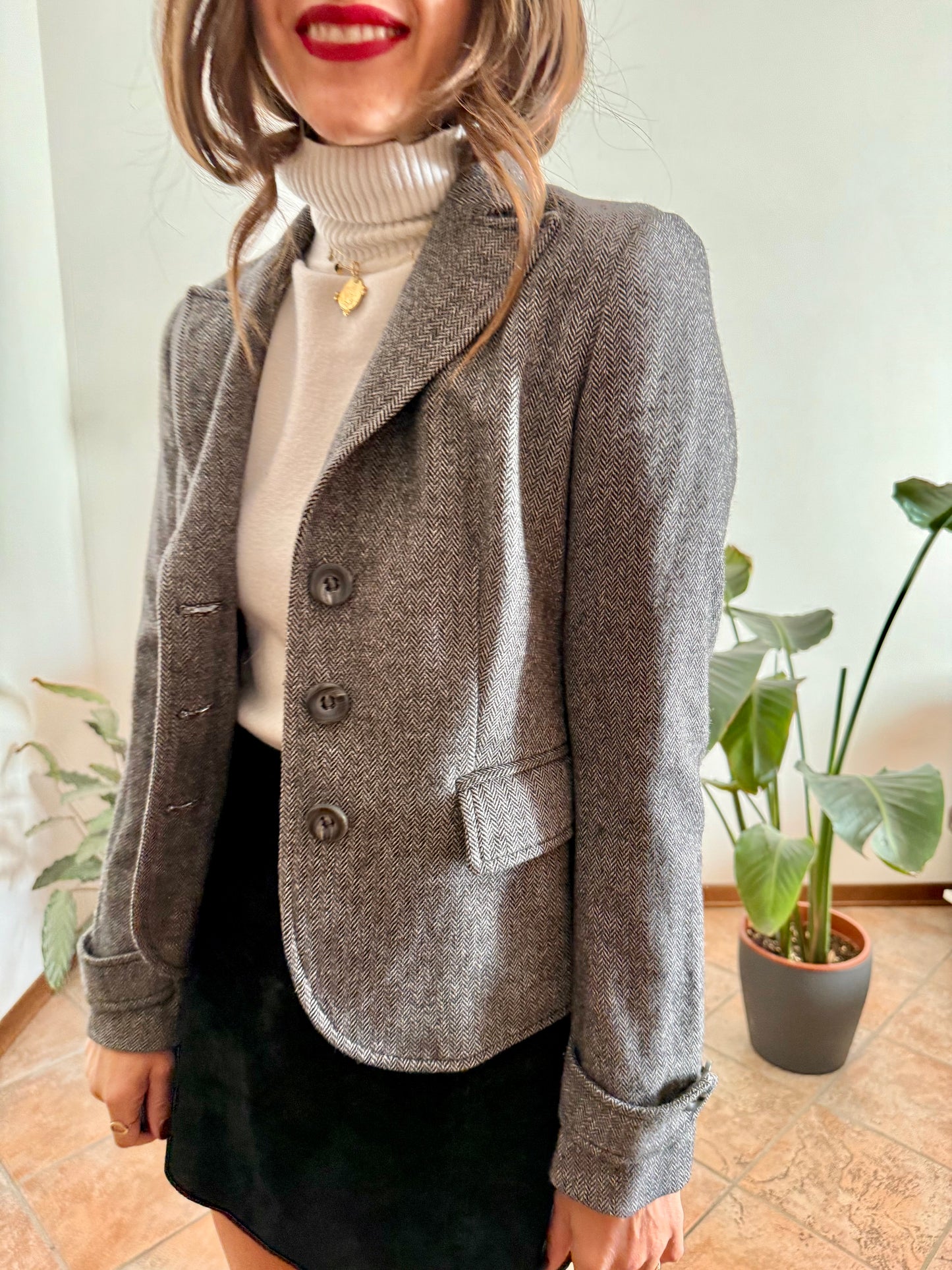 Y2k vintage wool blend black and grey tweed fitted blazer