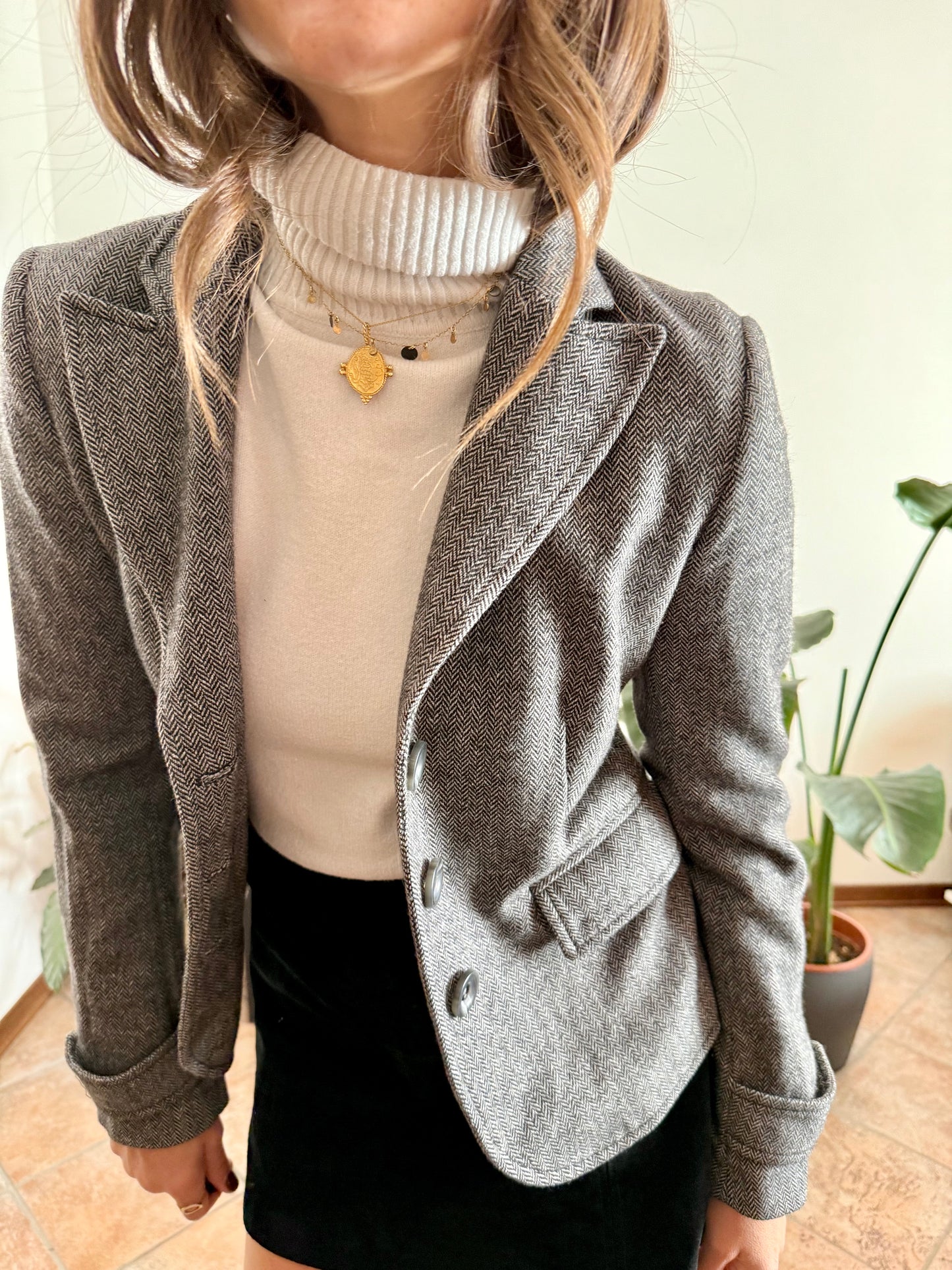 Y2k vintage wool blend black and grey tweed fitted blazer