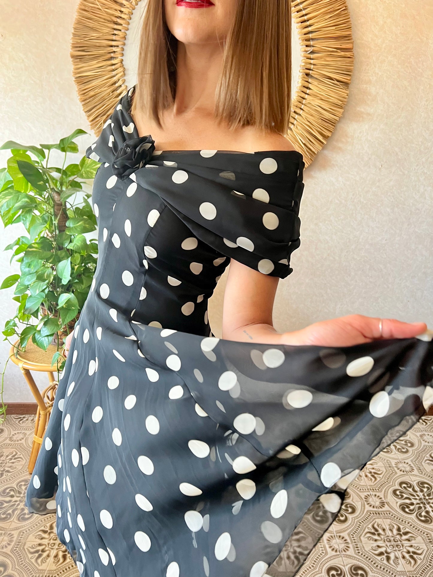 1980's vintage off the shoulder black and white polka dot mini dress