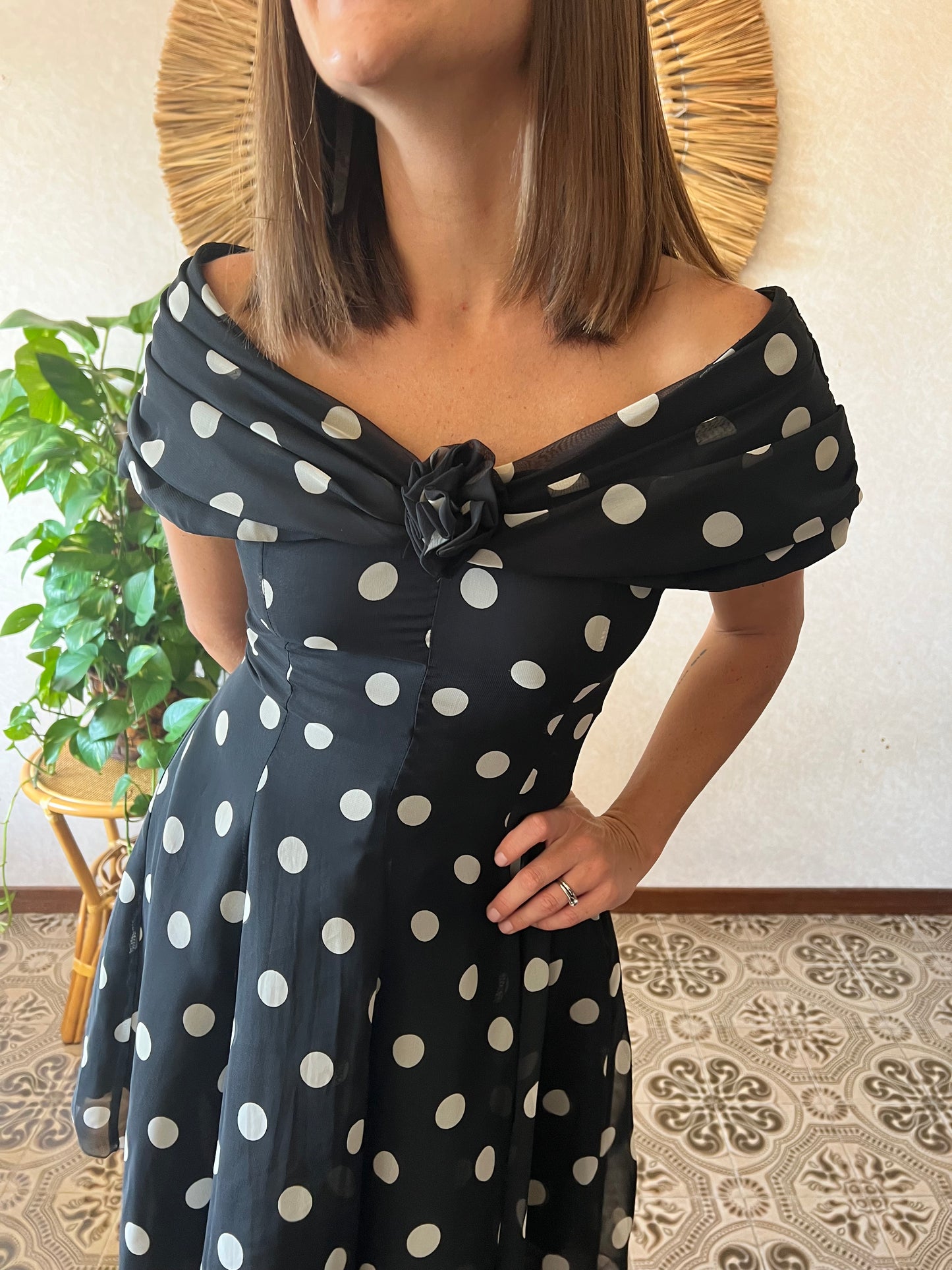 1980's vintage off the shoulder black and white polka dot mini dress