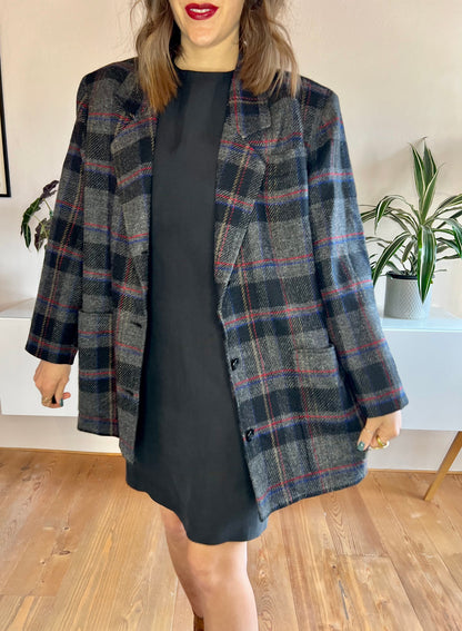 1980's vintage oversize dark grey with blue and red plaid blazer