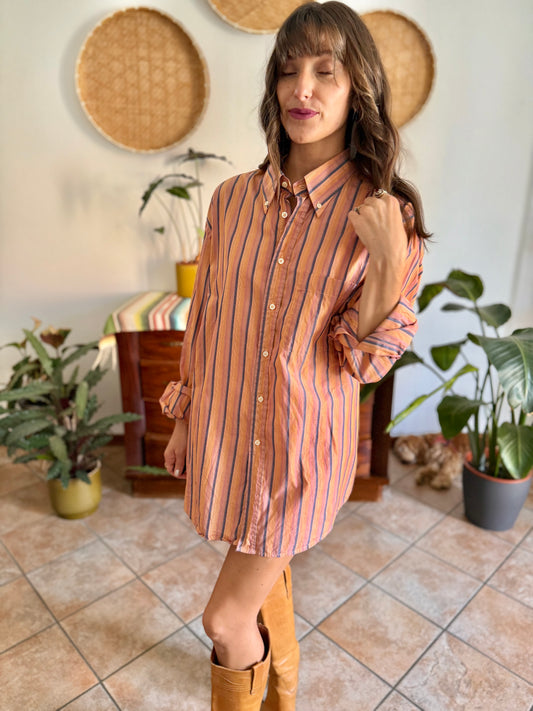 1970's vintage Coral, lilac and navy vertical stripe oversize shirt