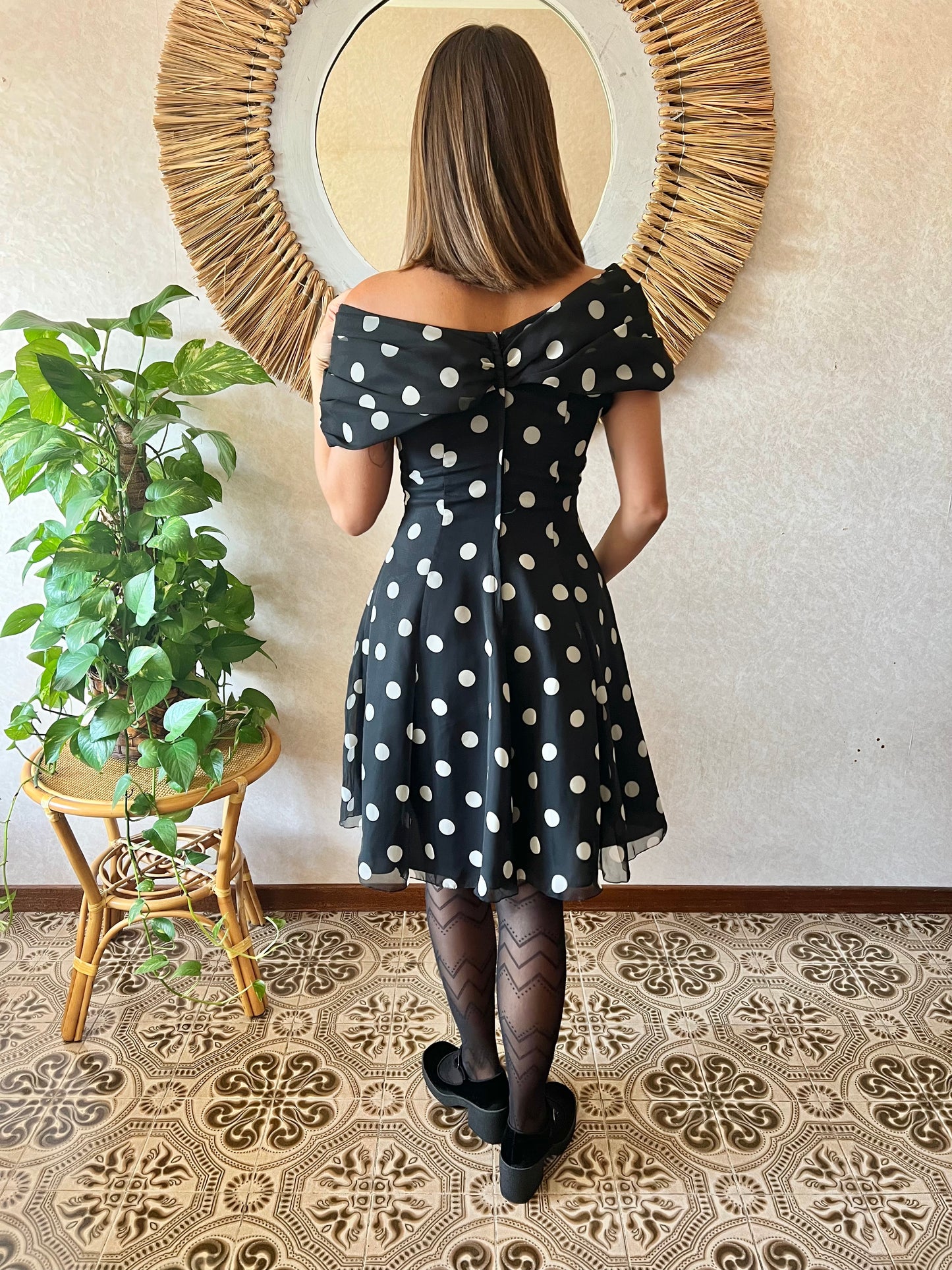 1980's vintage off the shoulder black and white polka dot mini dress