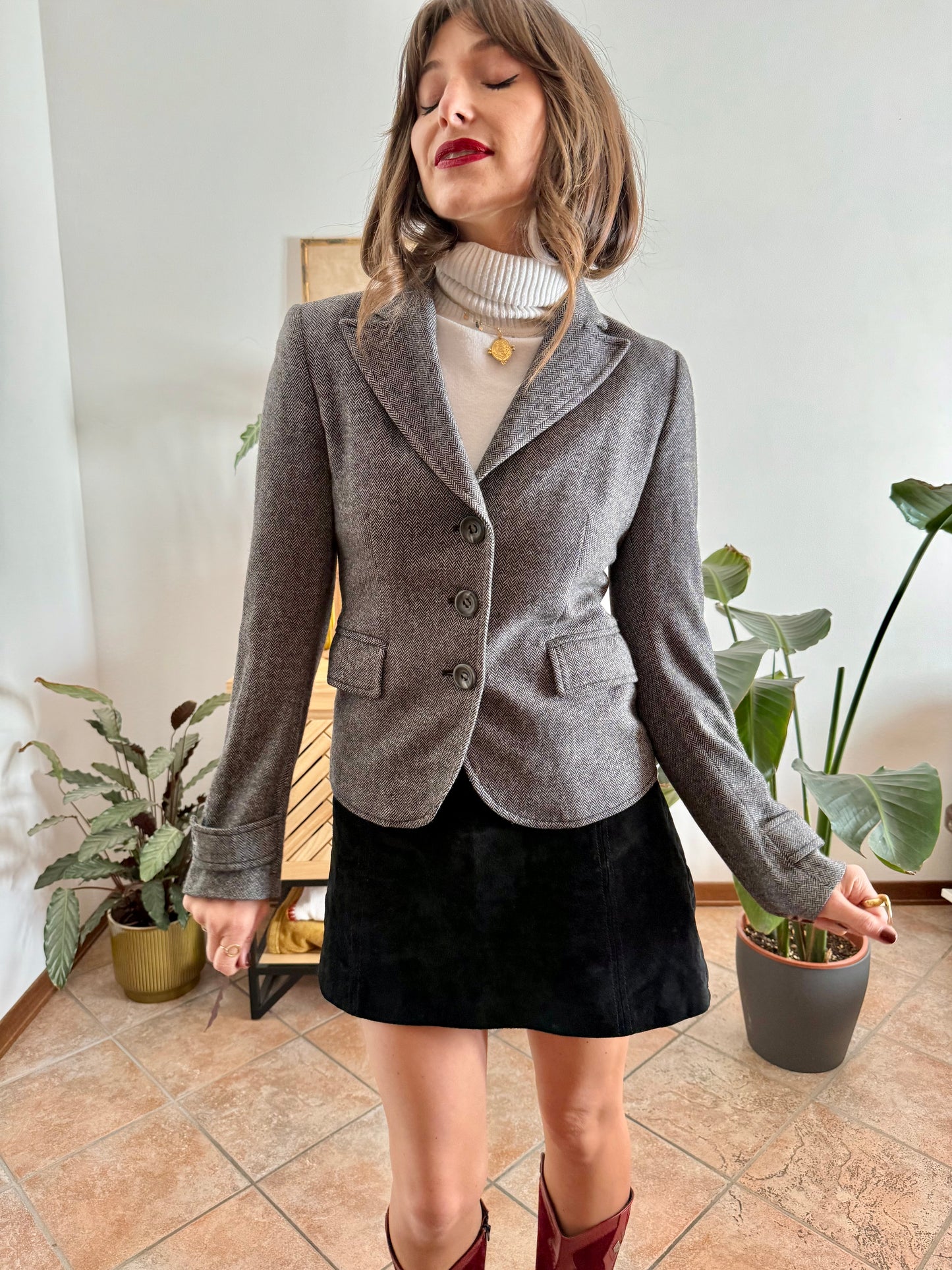 Y2k vintage wool blend black and grey tweed fitted blazer