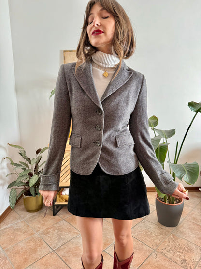 Y2k vintage wool blend black and grey tweed fitted blazer