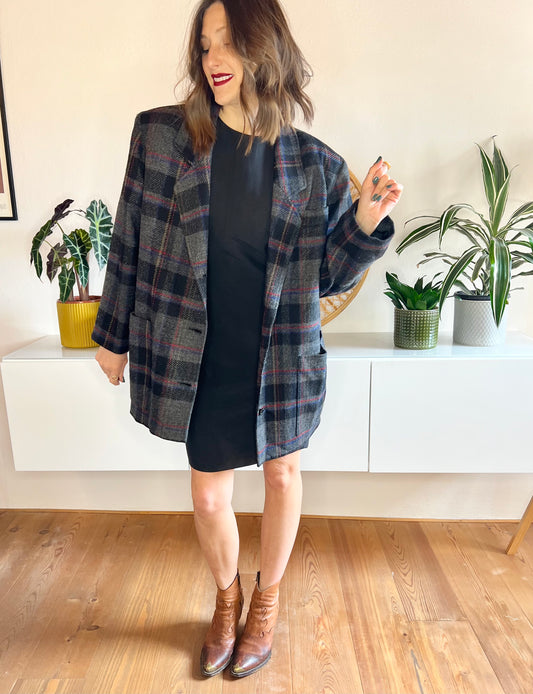 1980's vintage oversize dark grey with blue and red plaid blazer