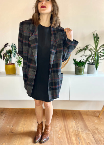 1980's vintage oversize dark grey with blue and red plaid blazer