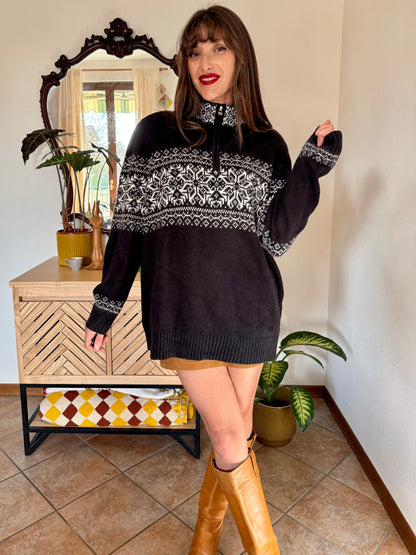 1990's vintage black and white mock neck zip up knit pullover