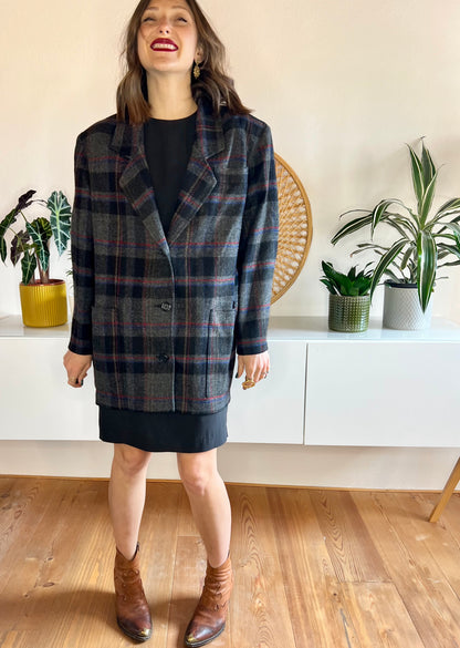 1980's vintage oversize dark grey with blue and red plaid blazer