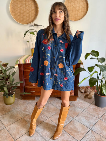 1990's vintage true blue button down denim mini dress with pink and burgundy floral embroidery