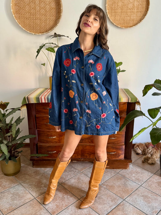 1990's vintage true blue button down denim mini dress with pink and burgundy floral embroidery