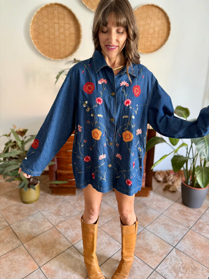 1990's vintage true blue button down denim mini dress with pink and burgundy floral embroidery