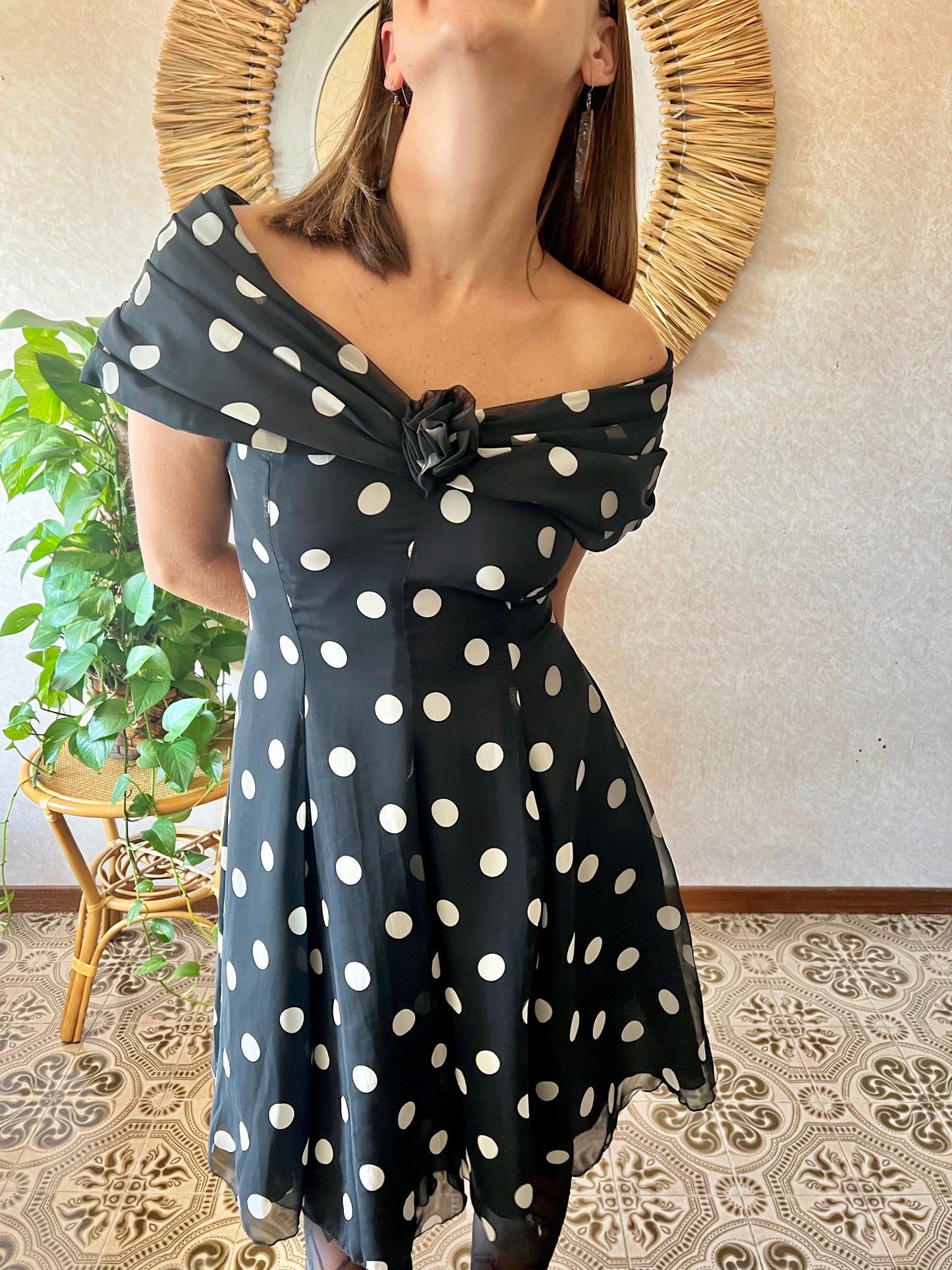 1980's vintage off the shoulder black and white polka dot mini dress