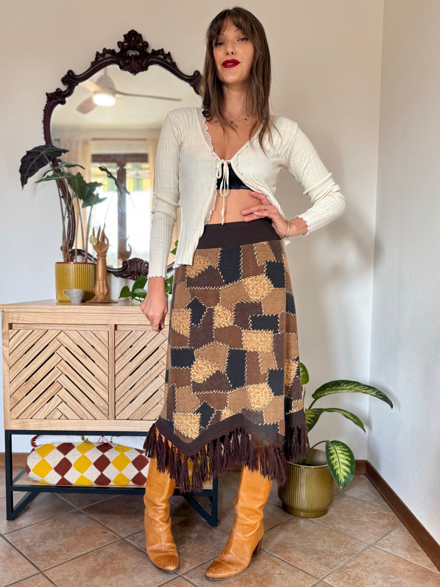 1970's vintage western style black and brown patchwork print midi skirt with fringe trim