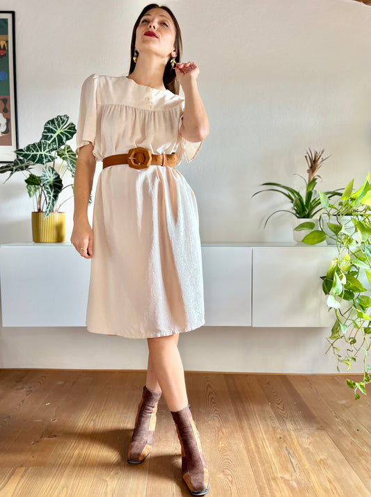 1960's vintage silk floral textured beige midi dress