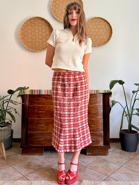 1960's vintage coral, chocolate brow and cream plaid midi skirt