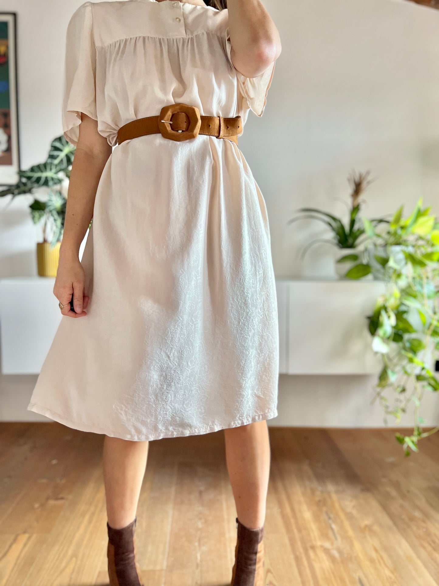 1960's vintage silk floral textured beige midi dress