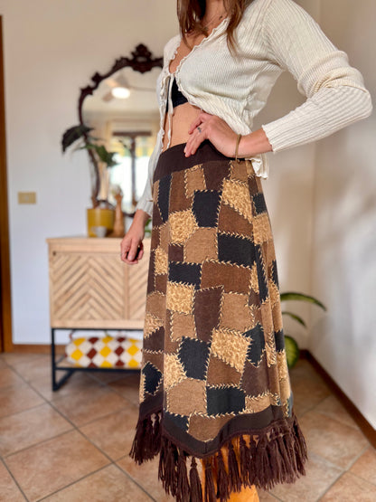 1970's vintage western style black and brown patchwork print midi skirt with fringe trim
