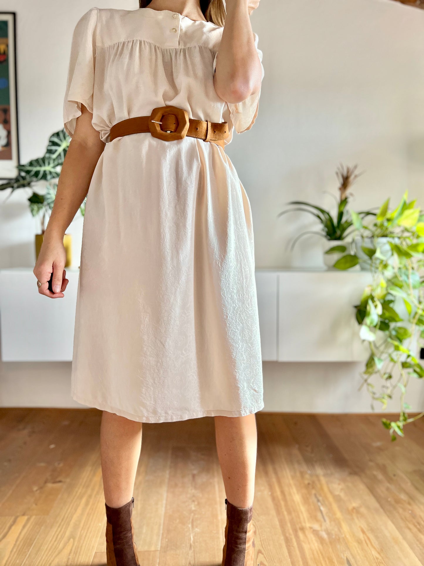 1960's vintage silk floral textured beige midi dress