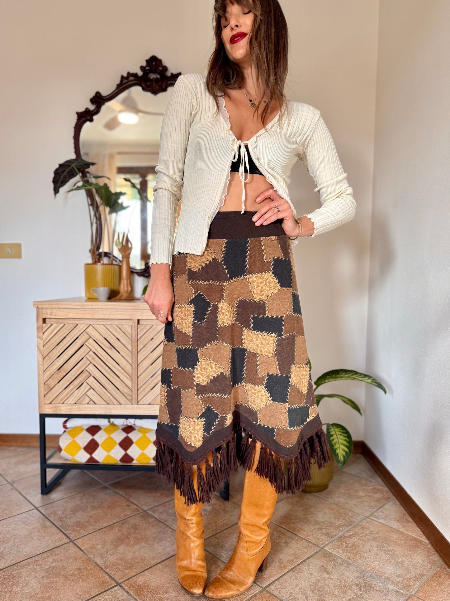 1970's vintage western style black and brown patchwork print midi skirt with fringe trim