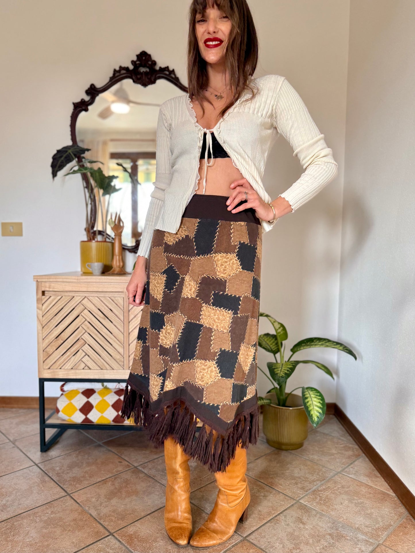 1970's vintage western style black and brown patchwork print midi skirt with fringe trim