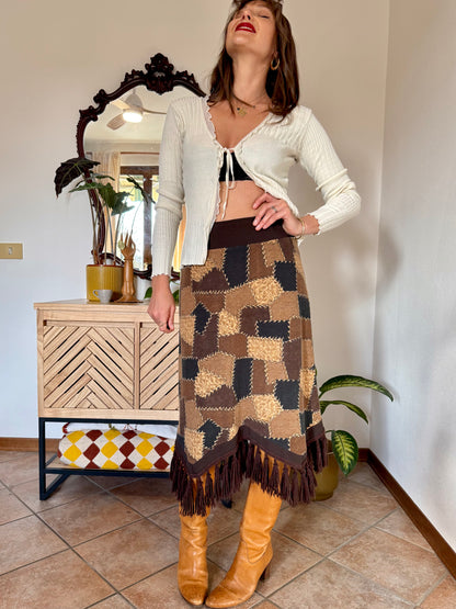 1970's vintage western style black and brown patchwork print midi skirt with fringe trim