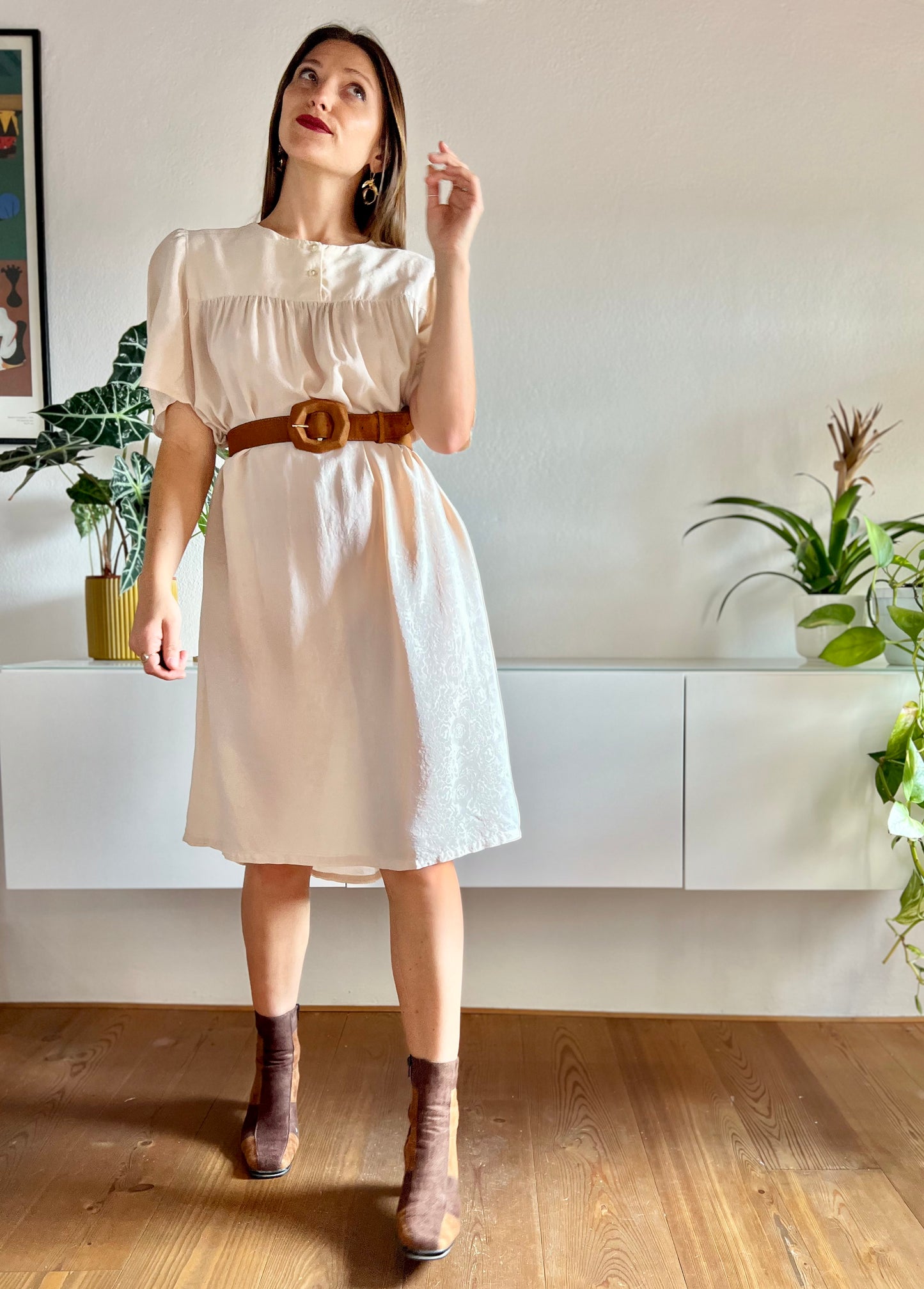 1960's vintage silk floral textured beige midi dress