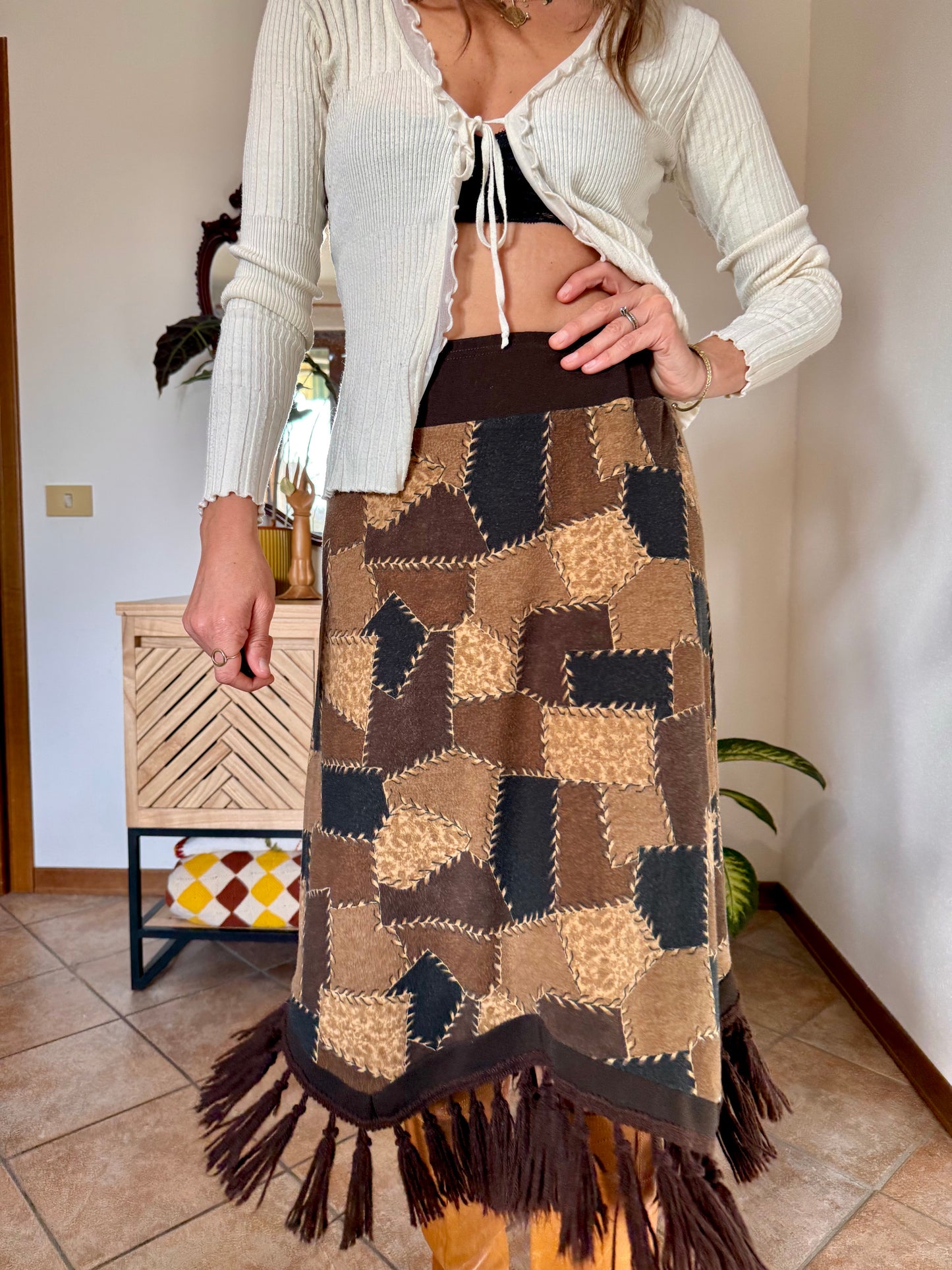 1970's vintage western style black and brown patchwork print midi skirt with fringe trim