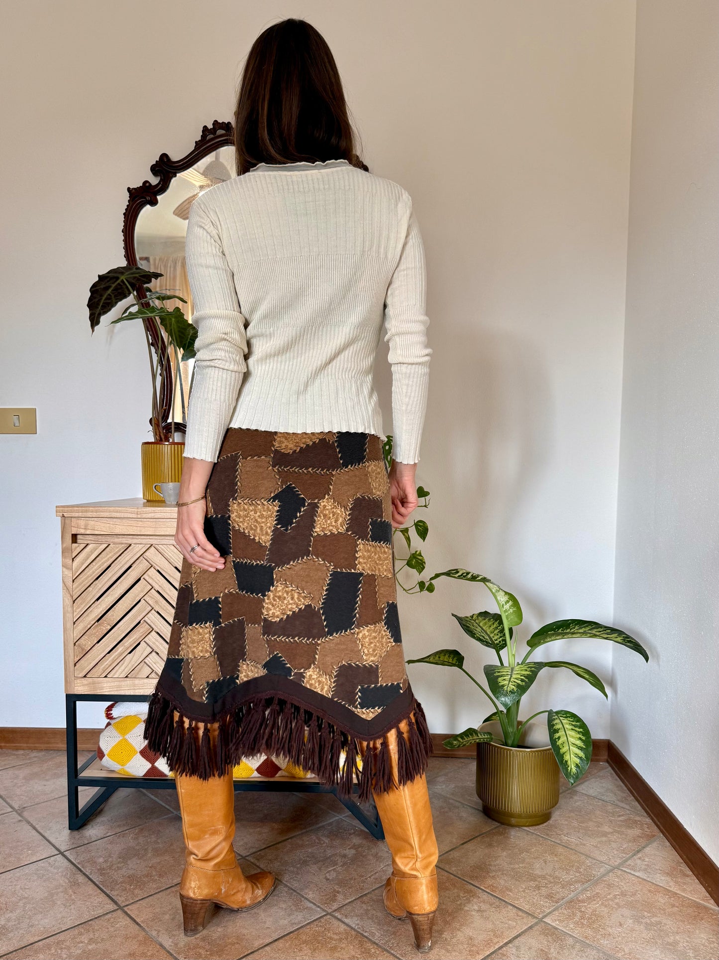 1970's vintage western style black and brown patchwork print midi skirt with fringe trim