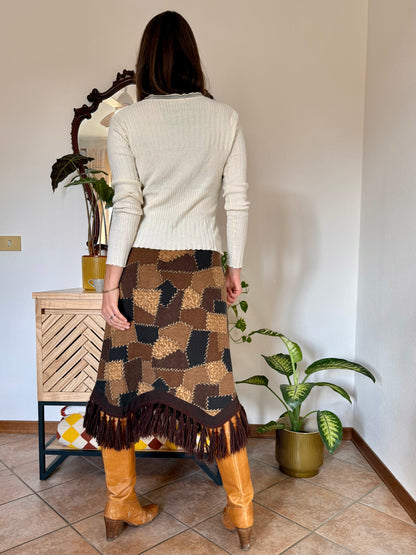 1970's vintage western style black and brown patchwork print midi skirt with fringe trim
