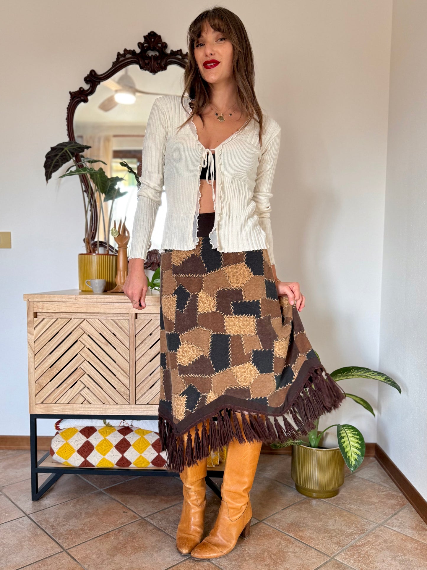 1970's vintage western style black and brown patchwork print midi skirt with fringe trim