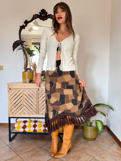 1970's vintage western style black and brown patchwork print midi skirt with fringe trim