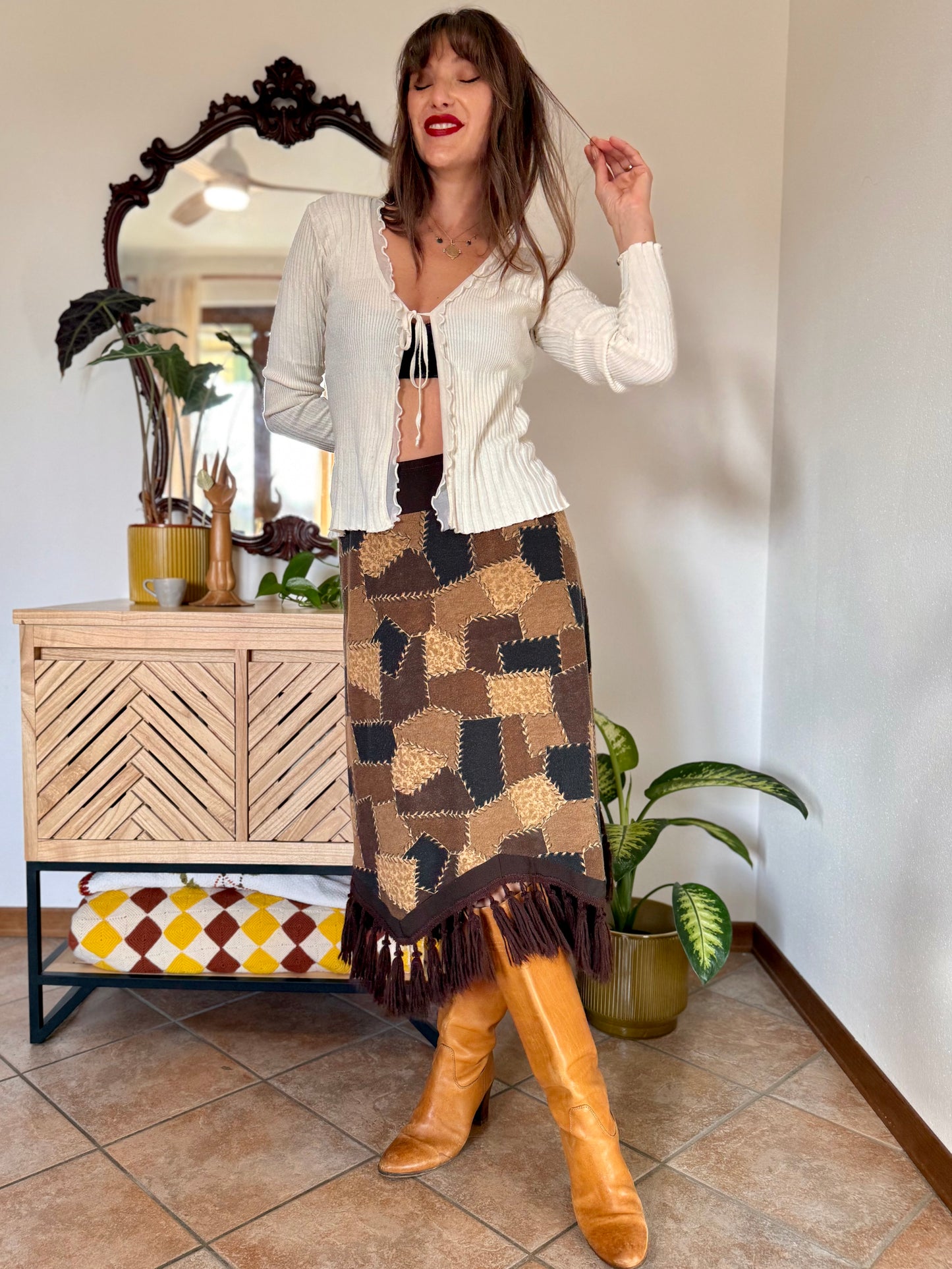 1970's vintage western style black and brown patchwork print midi skirt with fringe trim