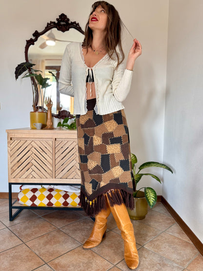 1970's vintage western style black and brown patchwork print midi skirt with fringe trim