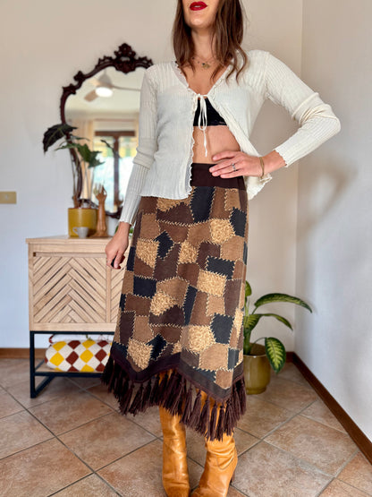 1970's vintage western style black and brown patchwork print midi skirt with fringe trim